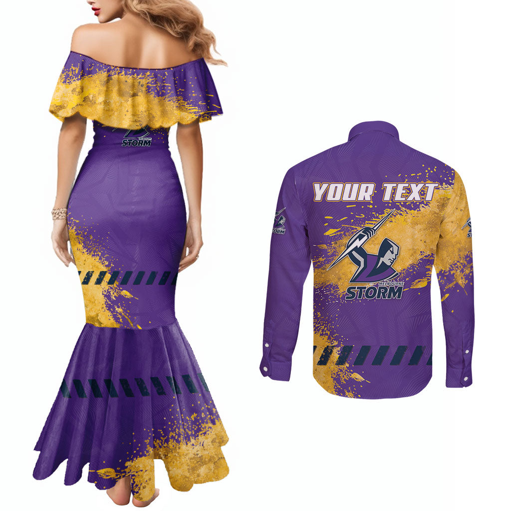 Personalised Melbourne Storm Rugby Couples Matching Mermaid Dress and Long Sleeve Button Shirt Superhero Purple Storm Mascot - Sporty Splash Art Style