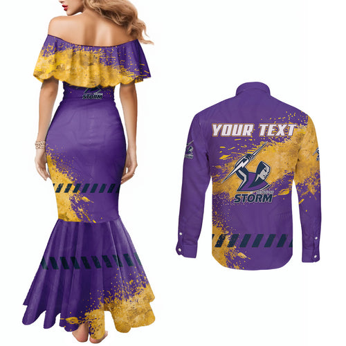 Personalised Melbourne Storm Rugby Couples Matching Mermaid Dress and Long Sleeve Button Shirt Superhero Purple Storm Mascot - Sporty Splash Art Style