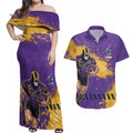 Personalised Melbourne Storm Rugby Couples Matching Off Shoulder Maxi Dress and Hawaiian Shirt Superhero Purple Storm Mascot - Sporty Splash Art Style