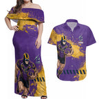 Personalised Melbourne Storm Rugby Couples Matching Off Shoulder Maxi Dress and Hawaiian Shirt Superhero Purple Storm Mascot - Sporty Splash Art Style