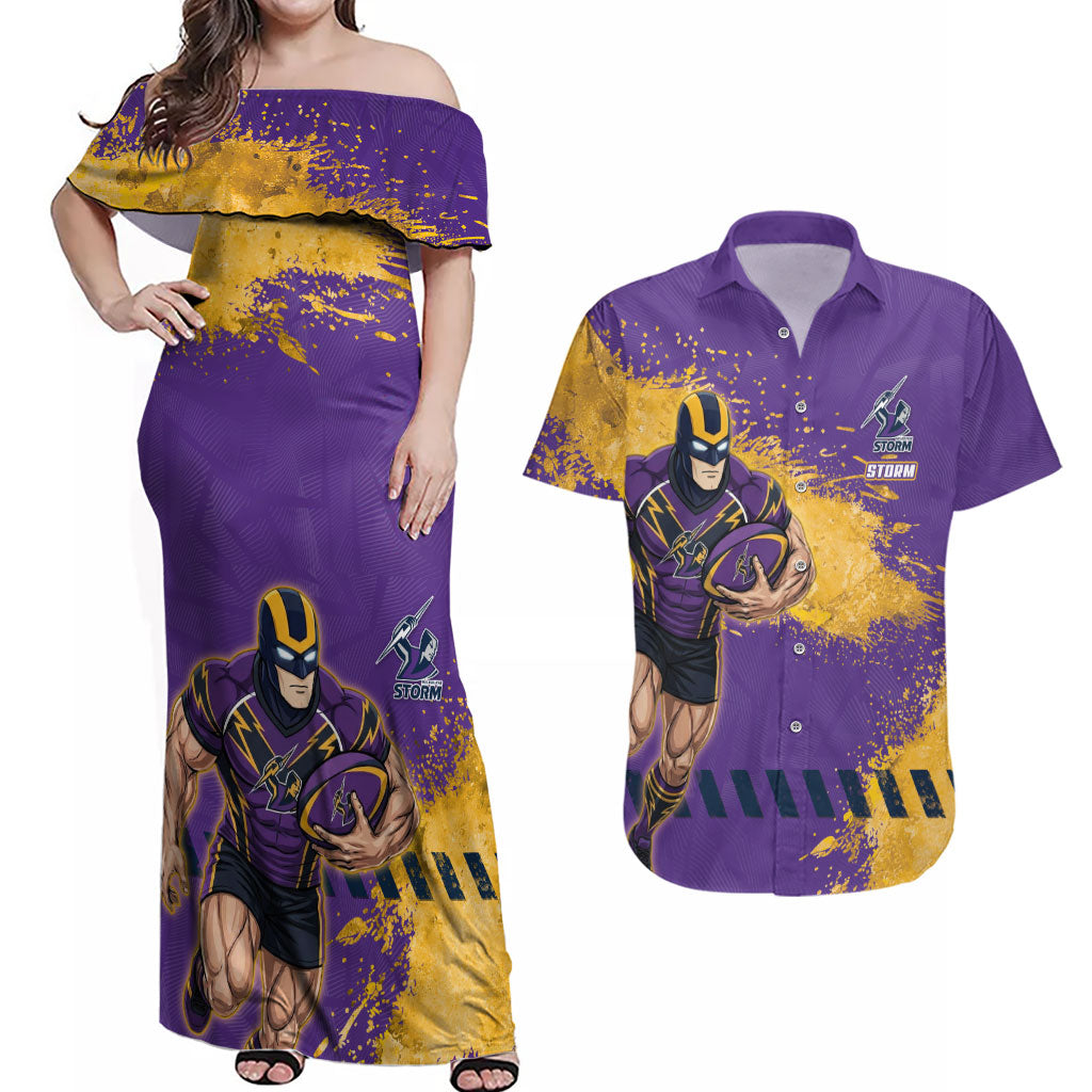 Personalised Melbourne Storm Rugby Couples Matching Off Shoulder Maxi Dress and Hawaiian Shirt Superhero Purple Storm Mascot - Sporty Splash Art Style