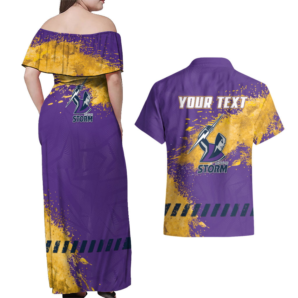 Personalised Melbourne Storm Rugby Couples Matching Off Shoulder Maxi Dress and Hawaiian Shirt Superhero Purple Storm Mascot - Sporty Splash Art Style