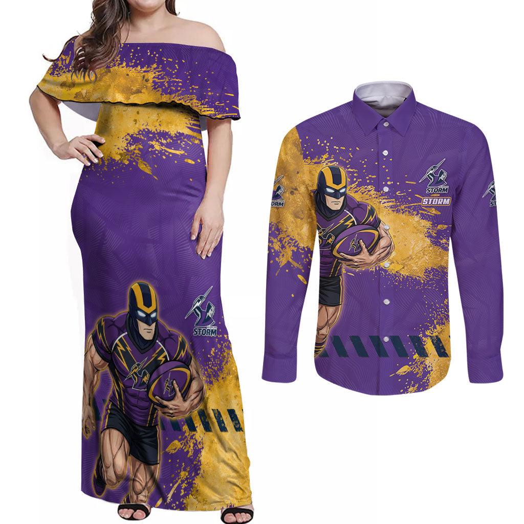 Personalised Melbourne Storm Rugby Couples Matching Off Shoulder Maxi Dress and Long Sleeve Button Shirt Superhero Purple Storm Mascot - Sporty Splash Art Style