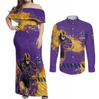 Personalised Melbourne Storm Rugby Couples Matching Off Shoulder Maxi Dress and Long Sleeve Button Shirt Superhero Purple Storm Mascot - Sporty Splash Art Style