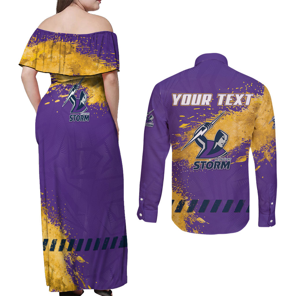 Personalised Melbourne Storm Rugby Couples Matching Off Shoulder Maxi Dress and Long Sleeve Button Shirt Superhero Purple Storm Mascot - Sporty Splash Art Style