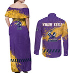 Personalised Melbourne Storm Rugby Couples Matching Off Shoulder Maxi Dress and Long Sleeve Button Shirt Superhero Purple Storm Mascot - Sporty Splash Art Style