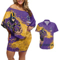 Personalised Melbourne Storm Rugby Couples Matching Off Shoulder Short Dress and Hawaiian Shirt Superhero Purple Storm Mascot - Sporty Splash Art Style