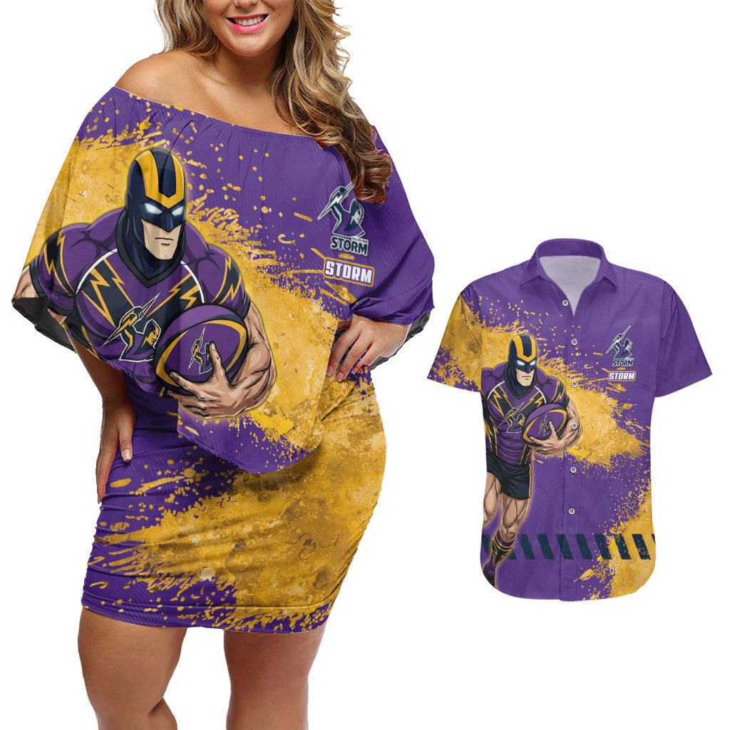 Personalised Melbourne Storm Rugby Couples Matching Off Shoulder Short Dress and Hawaiian Shirt Superhero Purple Storm Mascot - Sporty Splash Art Style