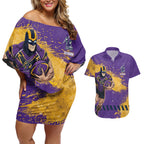 Personalised Melbourne Storm Rugby Couples Matching Off Shoulder Short Dress and Hawaiian Shirt Superhero Purple Storm Mascot - Sporty Splash Art Style