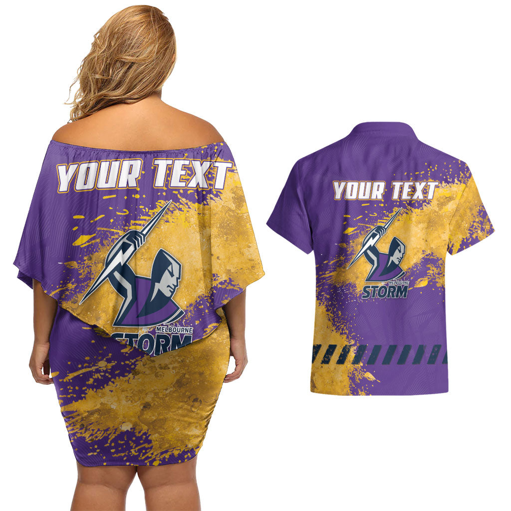 Personalised Melbourne Storm Rugby Couples Matching Off Shoulder Short Dress and Hawaiian Shirt Superhero Purple Storm Mascot - Sporty Splash Art Style