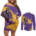 Personalised Melbourne Storm Rugby Couples Matching Off Shoulder Short Dress and Long Sleeve Button Shirt Superhero Purple Storm Mascot - Sporty Splash Art Style