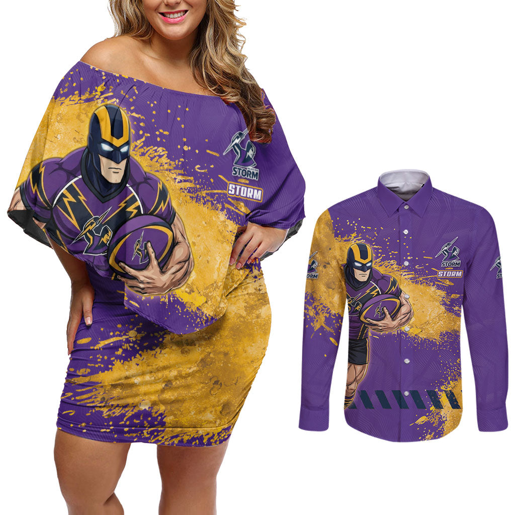 Personalised Melbourne Storm Rugby Couples Matching Off Shoulder Short Dress and Long Sleeve Button Shirt Superhero Purple Storm Mascot - Sporty Splash Art Style