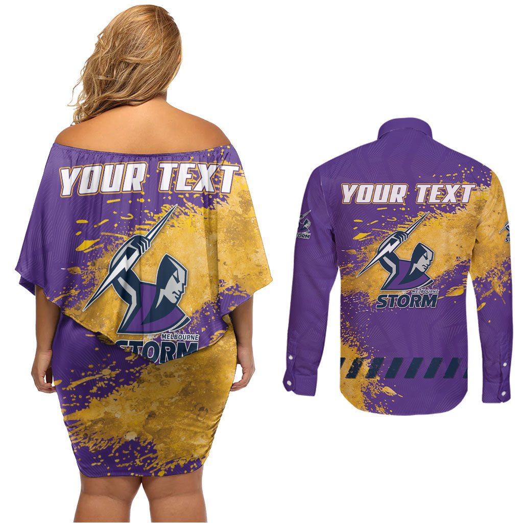 Personalised Melbourne Storm Rugby Couples Matching Off Shoulder Short Dress and Long Sleeve Button Shirt Superhero Purple Storm Mascot - Sporty Splash Art Style