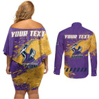 Personalised Melbourne Storm Rugby Couples Matching Off Shoulder Short Dress and Long Sleeve Button Shirt Superhero Purple Storm Mascot - Sporty Splash Art Style