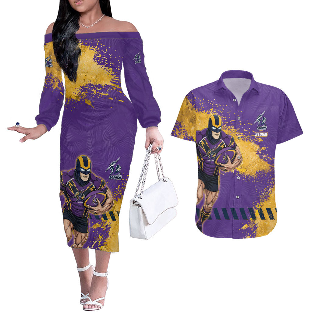 Personalised Melbourne Storm Rugby Couples Matching Off The Shoulder Long Sleeve Dress and Hawaiian Shirt Superhero Purple Storm Mascot - Sporty Splash Art Style