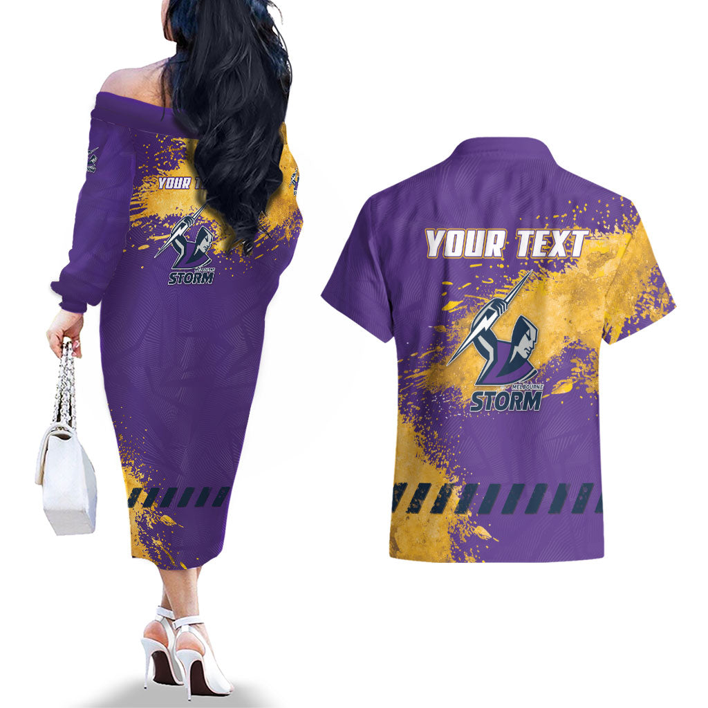 Personalised Melbourne Storm Rugby Couples Matching Off The Shoulder Long Sleeve Dress and Hawaiian Shirt Superhero Purple Storm Mascot - Sporty Splash Art Style