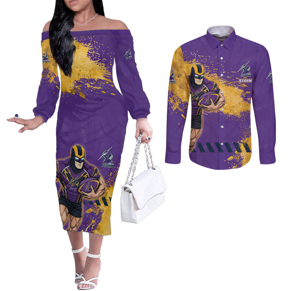 Personalised Melbourne Storm Rugby Couples Matching Off The Shoulder Long Sleeve Dress and Long Sleeve Button Shirt Superhero Purple Storm Mascot - Sporty Splash Art Style