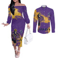 Personalised Melbourne Storm Rugby Couples Matching Off The Shoulder Long Sleeve Dress and Long Sleeve Button Shirt Superhero Purple Storm Mascot - Sporty Splash Art Style