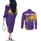 Personalised Melbourne Storm Rugby Couples Matching Off The Shoulder Long Sleeve Dress and Long Sleeve Button Shirt Superhero Purple Storm Mascot - Sporty Splash Art Style