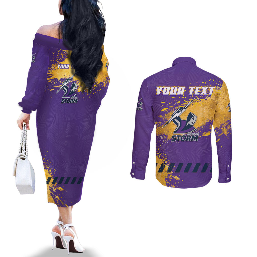 Personalised Melbourne Storm Rugby Couples Matching Off The Shoulder Long Sleeve Dress and Long Sleeve Button Shirt Superhero Purple Storm Mascot - Sporty Splash Art Style