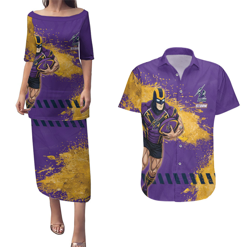 Personalised Melbourne Storm Rugby Couples Matching Puletasi and Hawaiian Shirt Superhero Purple Storm Mascot - Sporty Splash Art Style