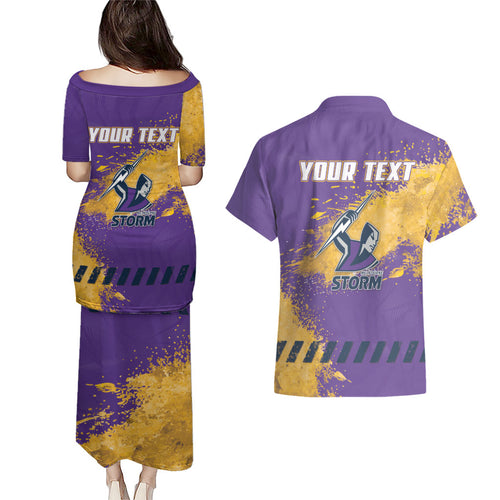 Personalised Melbourne Storm Rugby Couples Matching Puletasi and Hawaiian Shirt Superhero Purple Storm Mascot - Sporty Splash Art Style