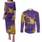 Personalised Melbourne Storm Rugby Couples Matching Puletasi and Long Sleeve Button Shirt Superhero Purple Storm Mascot - Sporty Splash Art Style