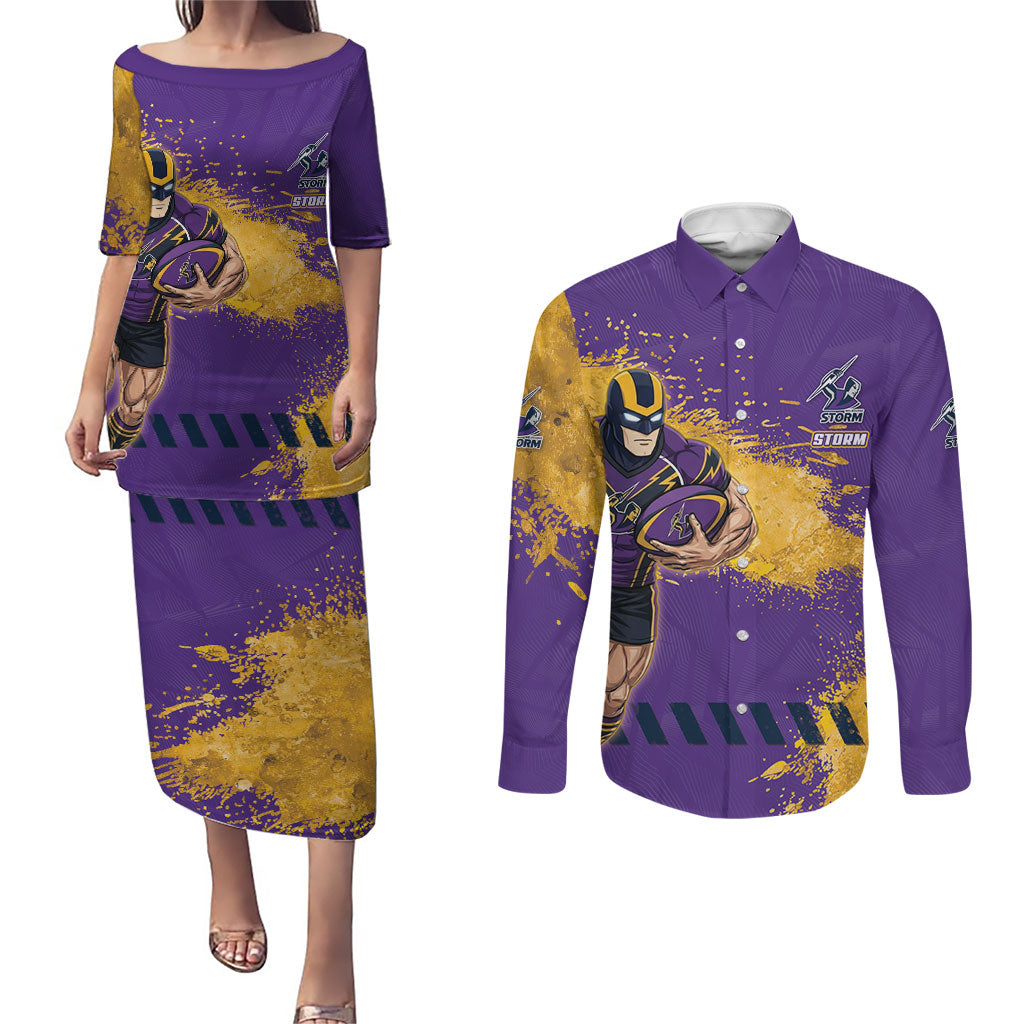 Personalised Melbourne Storm Rugby Couples Matching Puletasi and Long Sleeve Button Shirt Superhero Purple Storm Mascot - Sporty Splash Art Style