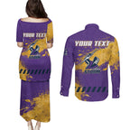 Personalised Melbourne Storm Rugby Couples Matching Puletasi and Long Sleeve Button Shirt Superhero Purple Storm Mascot - Sporty Splash Art Style