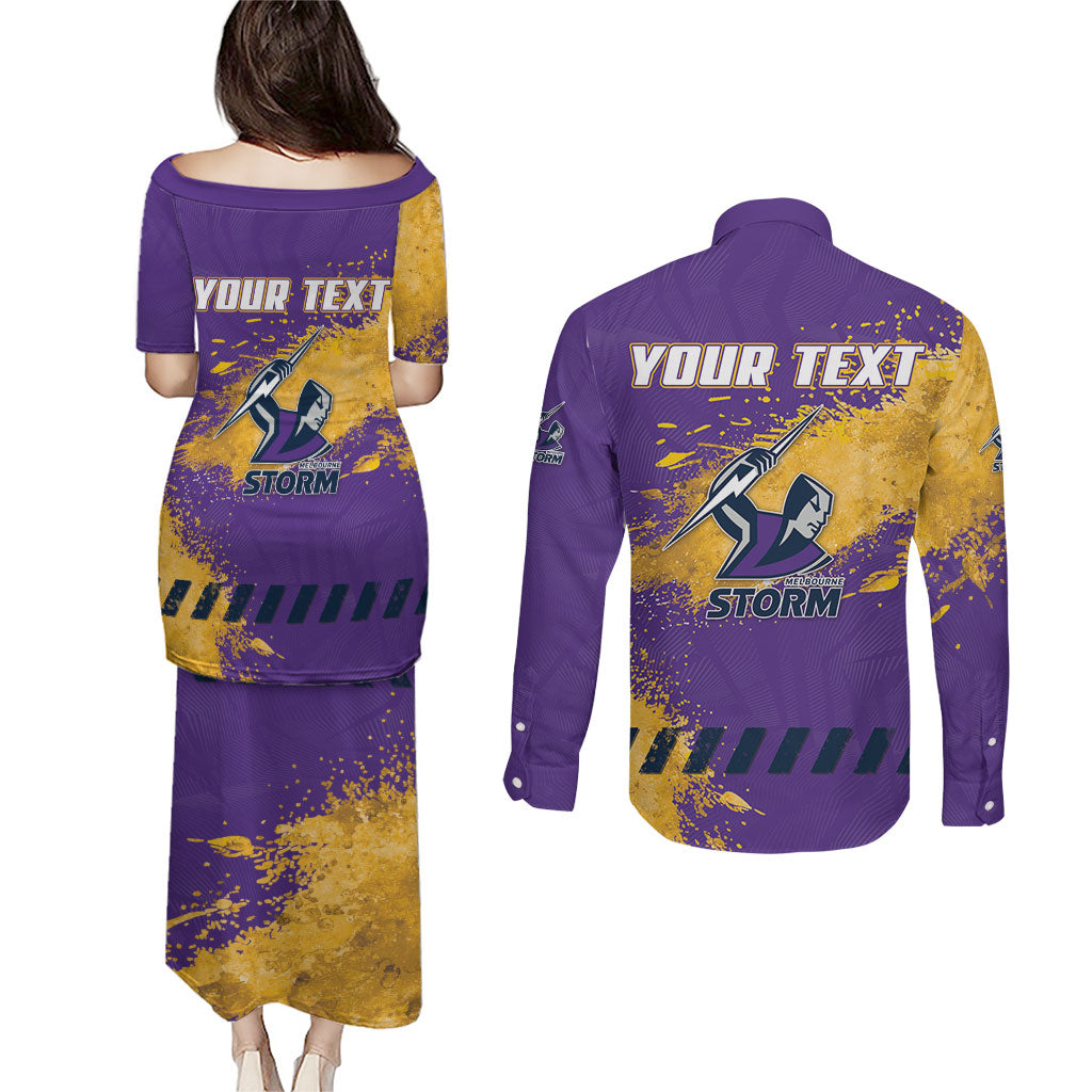 Personalised Melbourne Storm Rugby Couples Matching Puletasi and Long Sleeve Button Shirt Superhero Purple Storm Mascot - Sporty Splash Art Style