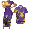 Personalised Melbourne Storm Rugby Couples Matching Short Sleeve Bodycon Dress and Hawaiian Shirt Superhero Purple Storm Mascot - Sporty Splash Art Style