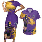 Personalised Melbourne Storm Rugby Couples Matching Short Sleeve Bodycon Dress and Hawaiian Shirt Superhero Purple Storm Mascot - Sporty Splash Art Style