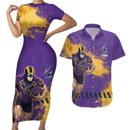 Personalised Melbourne Storm Rugby Couples Matching Short Sleeve Bodycon Dress and Hawaiian Shirt Superhero Purple Storm Mascot - Sporty Splash Art Style