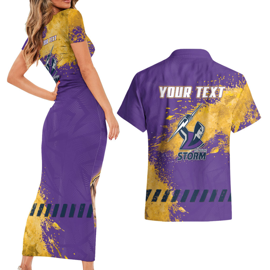 Personalised Melbourne Storm Rugby Couples Matching Short Sleeve Bodycon Dress and Hawaiian Shirt Superhero Purple Storm Mascot - Sporty Splash Art Style