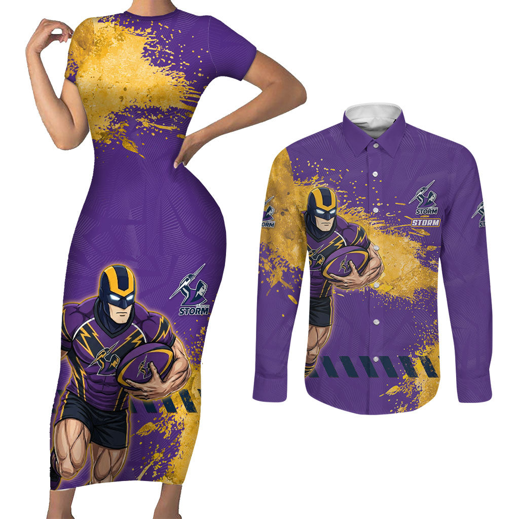 Personalised Melbourne Storm Rugby Couples Matching Short Sleeve Bodycon Dress and Long Sleeve Button Shirt Superhero Purple Storm Mascot - Sporty Splash Art Style
