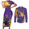 Personalised Melbourne Storm Rugby Couples Matching Short Sleeve Bodycon Dress and Long Sleeve Button Shirt Superhero Purple Storm Mascot - Sporty Splash Art Style