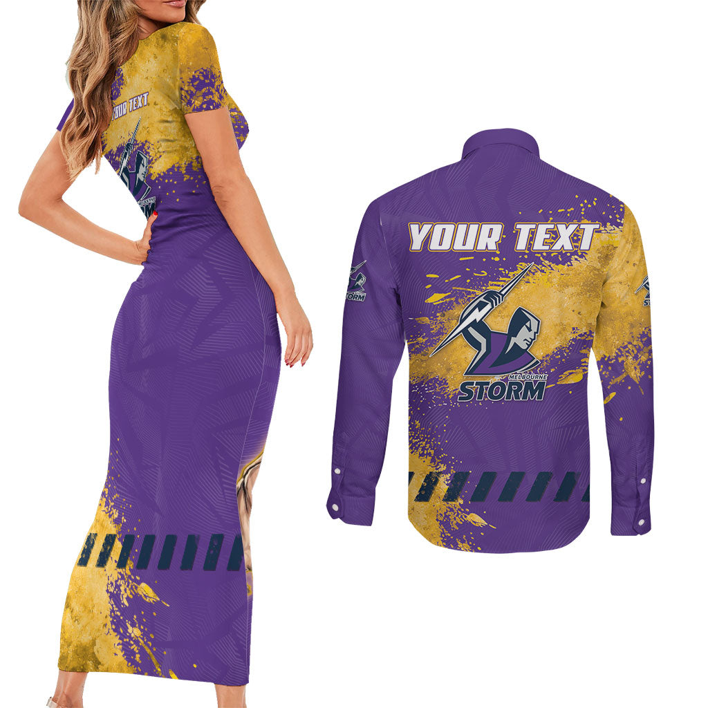Personalised Melbourne Storm Rugby Couples Matching Short Sleeve Bodycon Dress and Long Sleeve Button Shirt Superhero Purple Storm Mascot - Sporty Splash Art Style