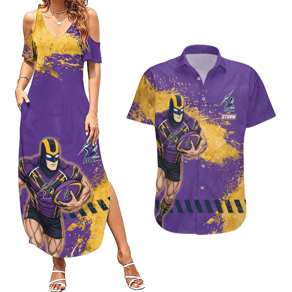 Personalised Melbourne Storm Rugby Couples Matching Summer Maxi Dress and Hawaiian Shirt Superhero Purple Storm Mascot - Sporty Splash Art Style