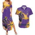 Personalised Melbourne Storm Rugby Couples Matching Summer Maxi Dress and Hawaiian Shirt Superhero Purple Storm Mascot - Sporty Splash Art Style
