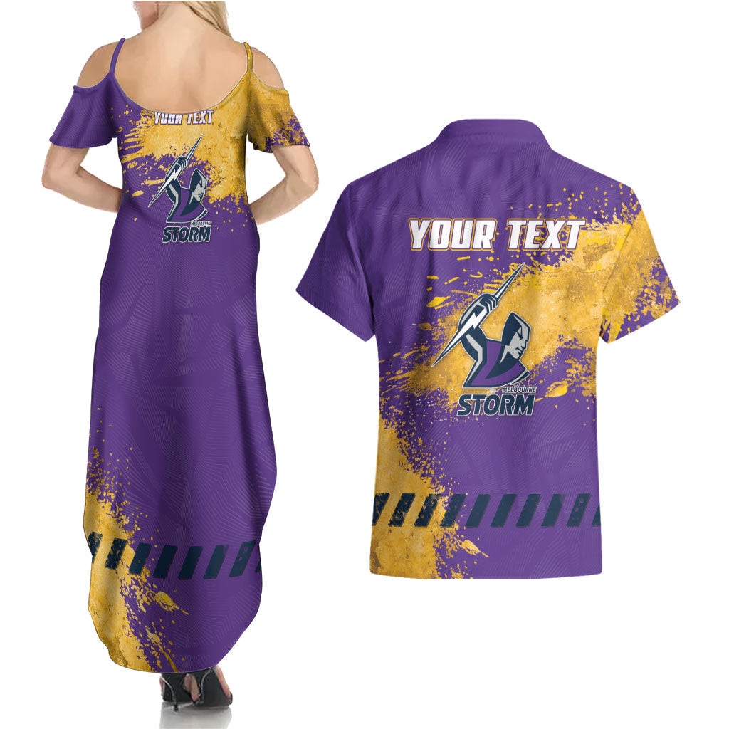 Personalised Melbourne Storm Rugby Couples Matching Summer Maxi Dress and Hawaiian Shirt Superhero Purple Storm Mascot - Sporty Splash Art Style