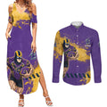 Personalised Melbourne Storm Rugby Couples Matching Summer Maxi Dress and Long Sleeve Button Shirt Superhero Purple Storm Mascot - Sporty Splash Art Style