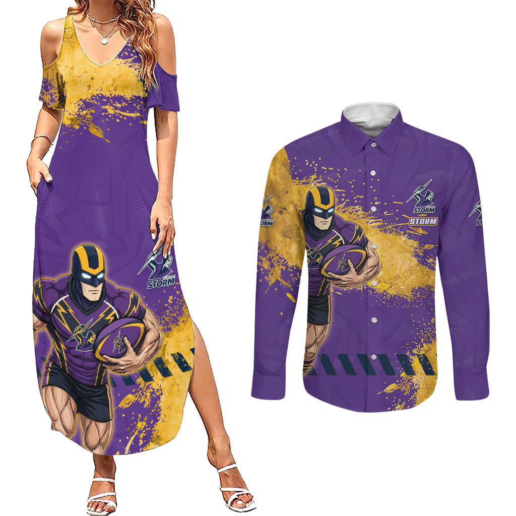 Personalised Melbourne Storm Rugby Couples Matching Summer Maxi Dress and Long Sleeve Button Shirt Superhero Purple Storm Mascot - Sporty Splash Art Style
