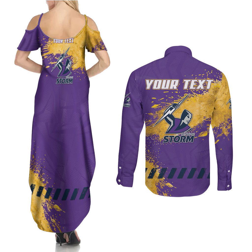 Personalised Melbourne Storm Rugby Couples Matching Summer Maxi Dress and Long Sleeve Button Shirt Superhero Purple Storm Mascot - Sporty Splash Art Style