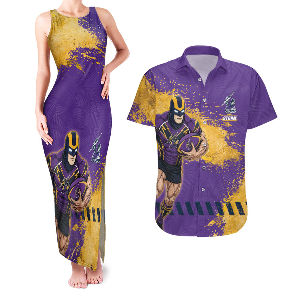 Personalised Melbourne Storm Rugby Couples Matching Tank Maxi Dress and Hawaiian Shirt Superhero Purple Storm Mascot - Sporty Splash Art Style