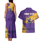 Personalised Melbourne Storm Rugby Couples Matching Tank Maxi Dress and Hawaiian Shirt Superhero Purple Storm Mascot - Sporty Splash Art Style