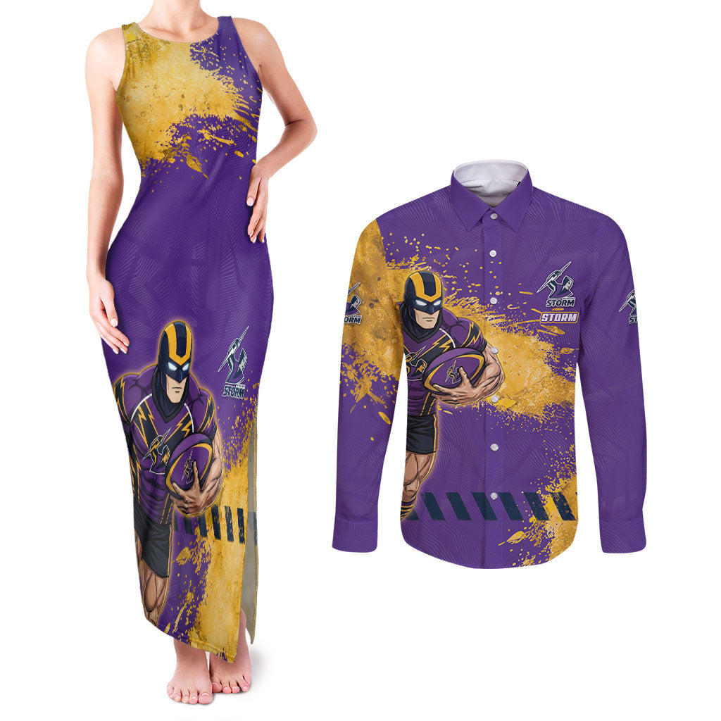 Personalised Melbourne Storm Rugby Couples Matching Tank Maxi Dress and Long Sleeve Button Shirt Superhero Purple Storm Mascot - Sporty Splash Art Style