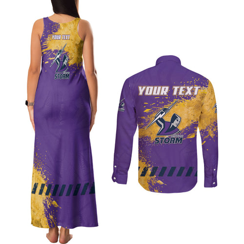 Personalised Melbourne Storm Rugby Couples Matching Tank Maxi Dress and Long Sleeve Button Shirt Superhero Purple Storm Mascot - Sporty Splash Art Style