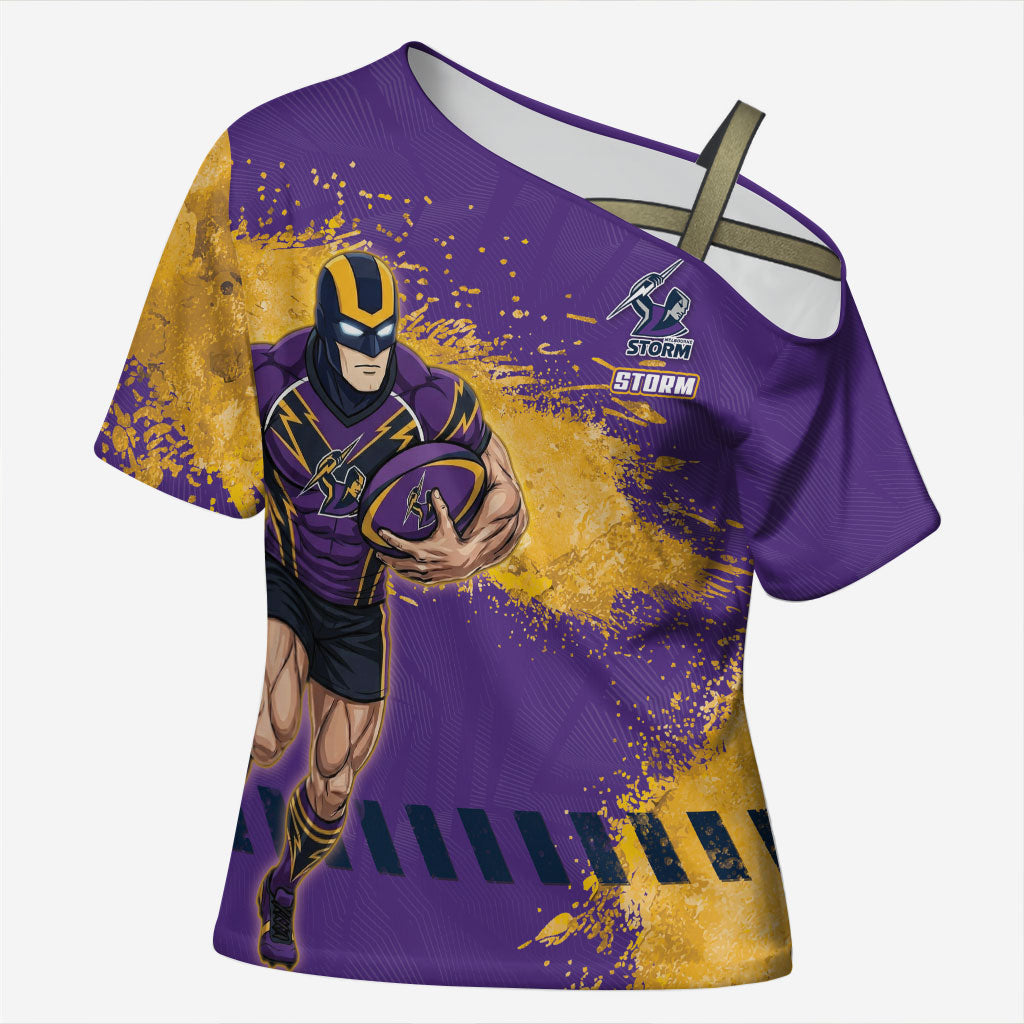 Personalised Melbourne Storm Rugby Cross Shoulder Shirt Superhero Purple Storm Mascot - Sporty Splash Art Style