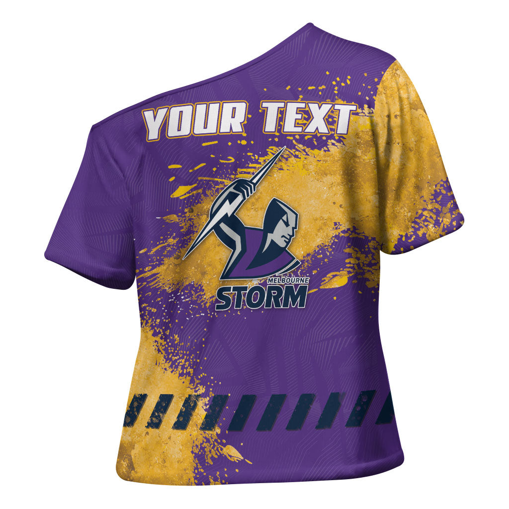 Personalised Melbourne Storm Rugby Cross Shoulder Shirt Superhero Purple Storm Mascot - Sporty Splash Art Style