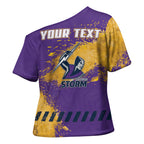 Personalised Melbourne Storm Rugby Cross Shoulder Shirt Superhero Purple Storm Mascot - Sporty Splash Art Style